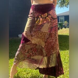 Vintage 90s Purple Witchy Cache Silk and Velvet Patchwork Maxi Skirt (27" waist)